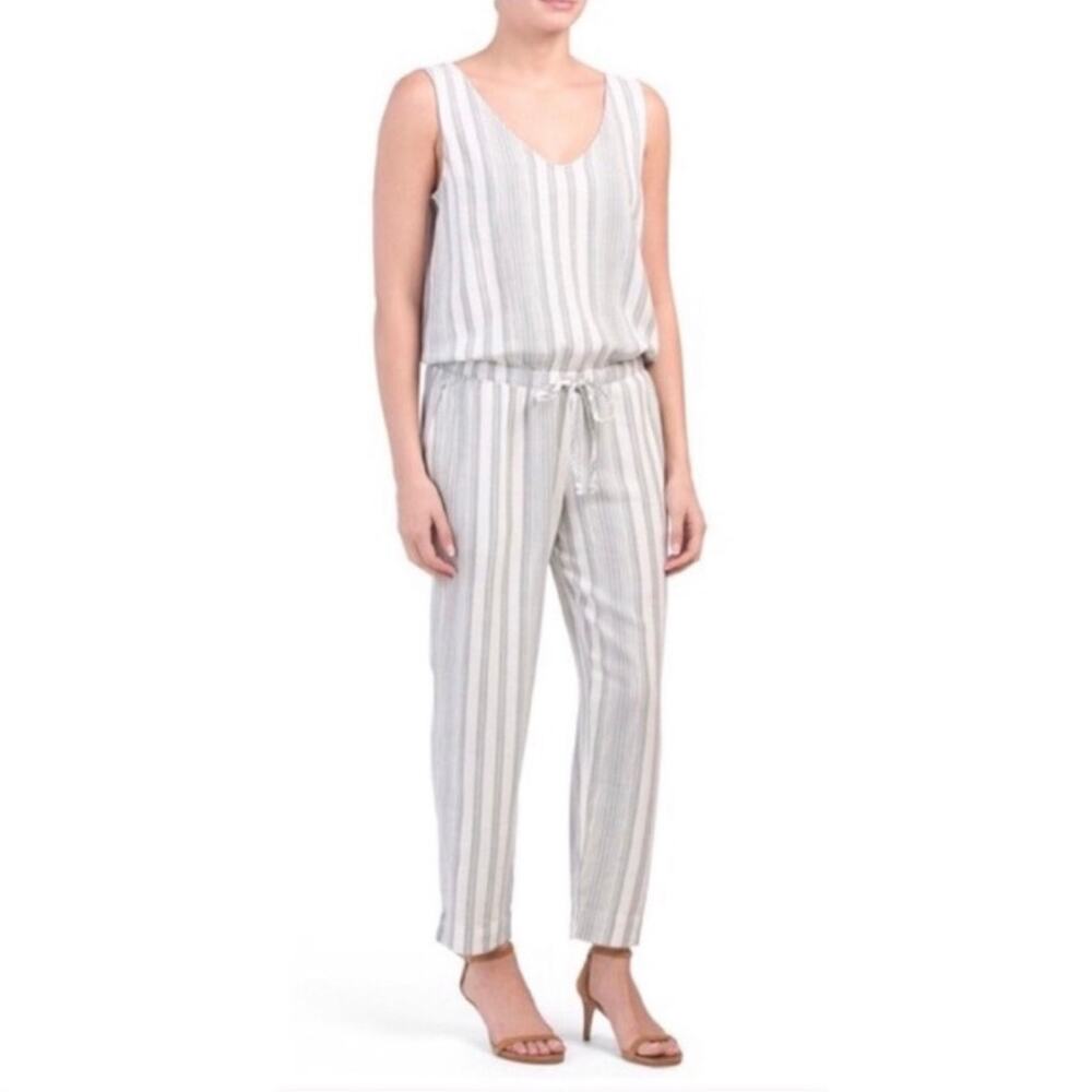 Anthropologie Cloth & Stone Linen Blend Striped Jumpsuit Size S Small Blue
